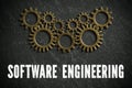 Cogwheels and the words `software engineering` symbolizing a complex system working together