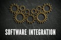 Cogwheels and the words `software integration` symbolizing a complex system working together