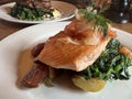 Coho Salmon and Steak Plates with Broccoli, Spinach and Potatoes topped with fennel