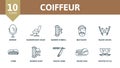 Coiffeur icon set. Collection contain mirror, soap, beard wax, barber shop and over icons. Coiffeur elements set