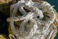 Coil of a hawser rope on board a construction work barge