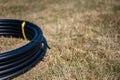 Coil of 1 inch irrigation tubing ready for new installation on top of brown and damaged dry grass. Royalty Free Stock Photo