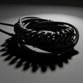 Coiled black cable resting on a dark, reflective surface. The cable forms a tight spiral Royalty Free Stock Photo