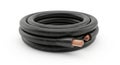 Coiled black electrical cable with exposed copper wires on a white background Royalty Free Stock Photo