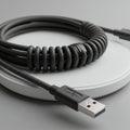 Coiled black USB cable with standard USB-A connector, laid on a white circular Royalty Free Stock Photo