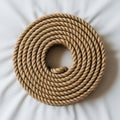 Coiled brown rope with a twisted texture, arranged in a circular pattern on a white fabr Royalty Free Stock Photo