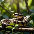 Boa Constrictor Coiled on Branch with Sunlight and Shadow Patterns Royalty Free Stock Photo