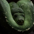 A coiled green snake is shown, likely a Morelia viridis, known as the green tree python. Royalty Free Stock Photo
