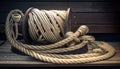 Coiled maritime rope wooden deck old yacht sailboat mooring ship secure transport boating spiral closeup marin boat attaching Royalty Free Stock Photo