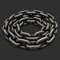 A coiled metallic chain with interlocking links arranged circularly on a dark surface. Ea Royalty Free Stock Photo