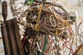 Coiled old wiring from old colored wires close-up. Precious metals in the old Royalty Free Stock Photo