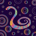 A coiled psychedelic snake with many ornaments, bright neon gradient rainbow color