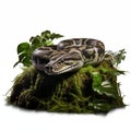 Coiled Python Resting On Moss With Tropical Plants In Background