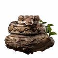 Coiled Python Snake On Wooden Log