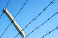 Coiled razor wire with its sharp steel barbs on top of a mesh perimeter fence ensuring safety and security Royalty Free Stock Photo