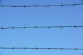 Coiled razor wire with its sharp steel barbs on top of a mesh perimeter fence ensuring safety and security Royalty Free Stock Photo