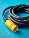 Coiled RCA cable with yellow plug on turquoise background. Royalty Free Stock Photo