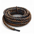 Coiled Rope with Orange and Black Fibers on a White Background Royalty Free Stock Photo