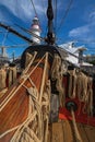 Coiled ropes and bowsprit at foredeck of Tall Ship HMB Endeavour