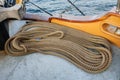 Coiled ropes on the deck of a sailing ship Royalty Free Stock Photo