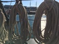 Coiled ropes on sailing ship