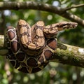 Coiled on a tree branch, a boa constrictor (Boa constrictor) displays its distinctive Royalty Free Stock Photo