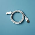 Coiled USB cable on a blue background. White connectors at both ends, one USB-A type Royalty Free Stock Photo