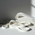 Coiled white martial arts belts are arranged on a flat surface with natural light casting Royalty Free Stock Photo