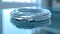 Coiled white USB cable with two connectors on reflective glass surface Royalty Free Stock Photo
