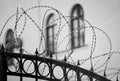 Coils of barbed wire on an old vintage fence with peaks on a blurred background with windows