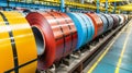 Coils of PrePainted Steel Sheet Metal in Factory Setting Royalty Free Stock Photo