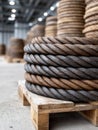 Coils of wire rope stacked in an industrial warehouse. Royalty Free Stock Photo