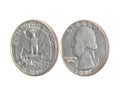 Coin of America Quarter dollars on isolated white background