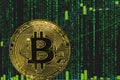 Coin bitcoin btc cryptocurrency on the background of binary crypto matrix text and price chart.