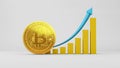 Coin of Bitcoin next to a growing bar chart. 3D rendering. Cryptocurrency coin 2p2 exchange, blockchain technology