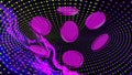 Coin on bright fluid violet blue, black background. Abstract liquid purple pink wave. Art trippy digital glitch Backdrop. Template