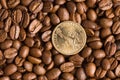 Coin on coffee beans background