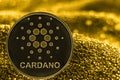 Coin cryptocurrency ADA Cardano on golden background.