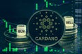 Coin cryptocurrency ada cardano stack of coins and dice. Exchange chart to buy, sell, hold.