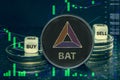 Coin cryptocurrency BAT stack of coins and dice. Exchange chart