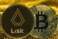 Coin cryptocurrency bitcoin BTC and lisk token on golden backgr
