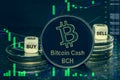 Coin cryptocurrency BCH Bitcoincash stack of coins and dice. Exchange chart to buy, sell, hold.