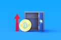 Coin of cryptocurrency bitcoin near red arrow pointing up and safe on blue background