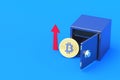 Coin of cryptocurrency bitcoin near red arrow pointing up and strongbox on blue background