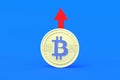 Coin of cryptocurrency bitcoin and red arrow pointing up on blue background