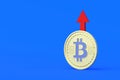 Coin of cryptocurrency bitcoin and red arrow pointing up on blue background