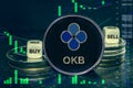 Coin cryptocurrency okb okex stack of coins and dice. Exchange chart to buy, sell, hold.