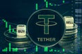 Coin cryptocurrency usdt tether stack of coins and dice. Exchange chart to buy, sell, hold. Royalty Free Stock Photo