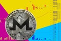 Coin cryptocurrency XMR on chart and yellow blue neon background.