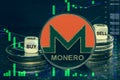 Coin cryptocurrency xmr monero stack of coins and dice. Exchange chart to buy, sell, hold.